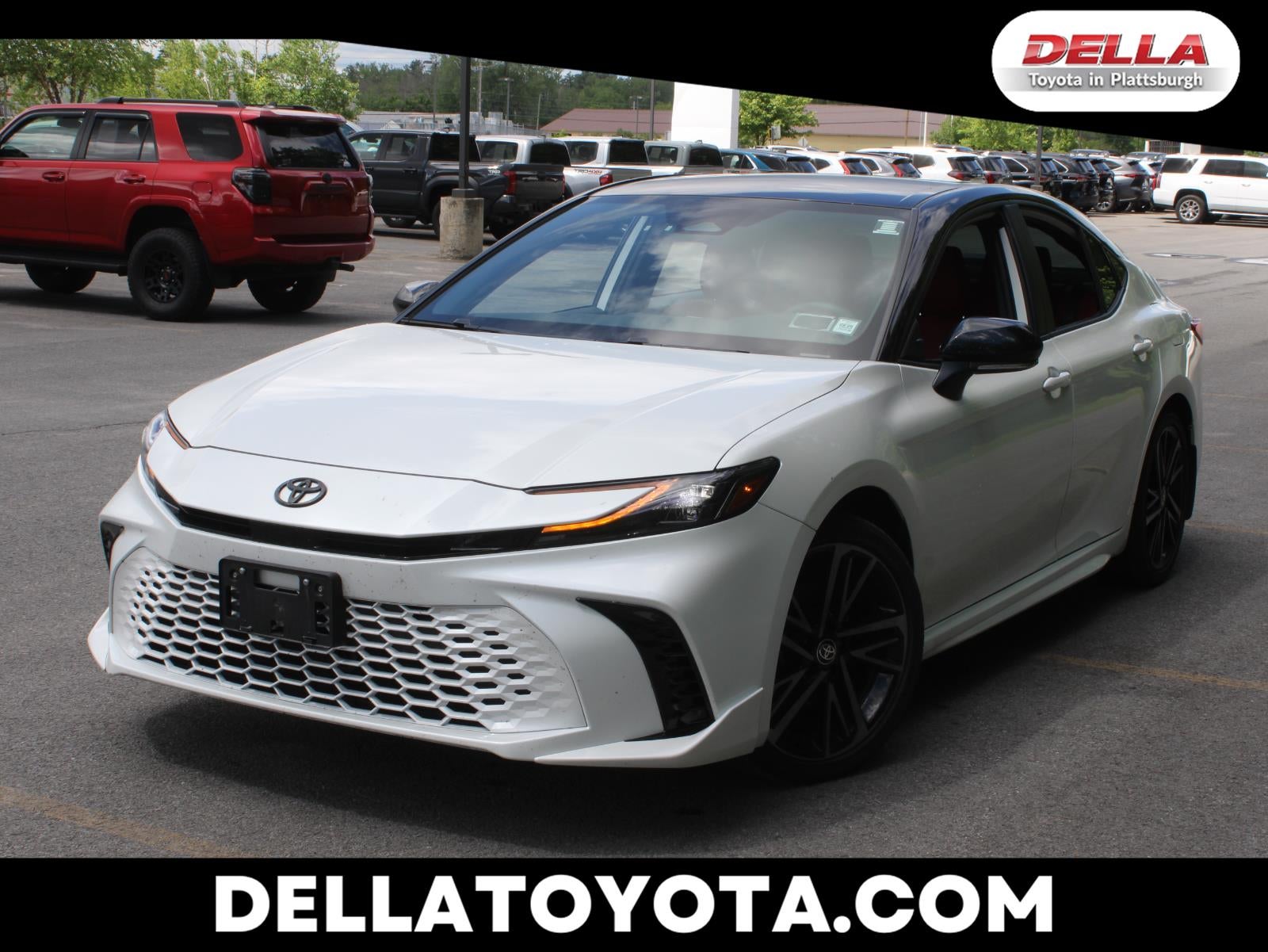 2025 Toyota Camry LE in Wind Chill Pearl W And Midnight Black Metallic Roof — front three-quarter view